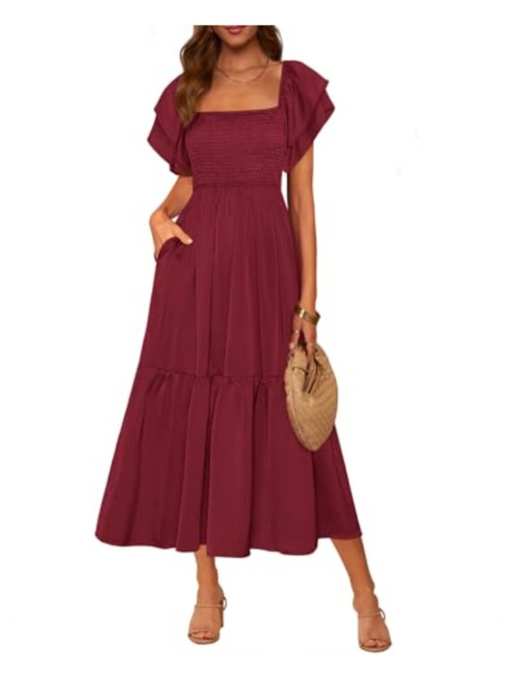 Womens Midi Dress Square Neck Ruffle Sleeve Smocked High Waist A Line